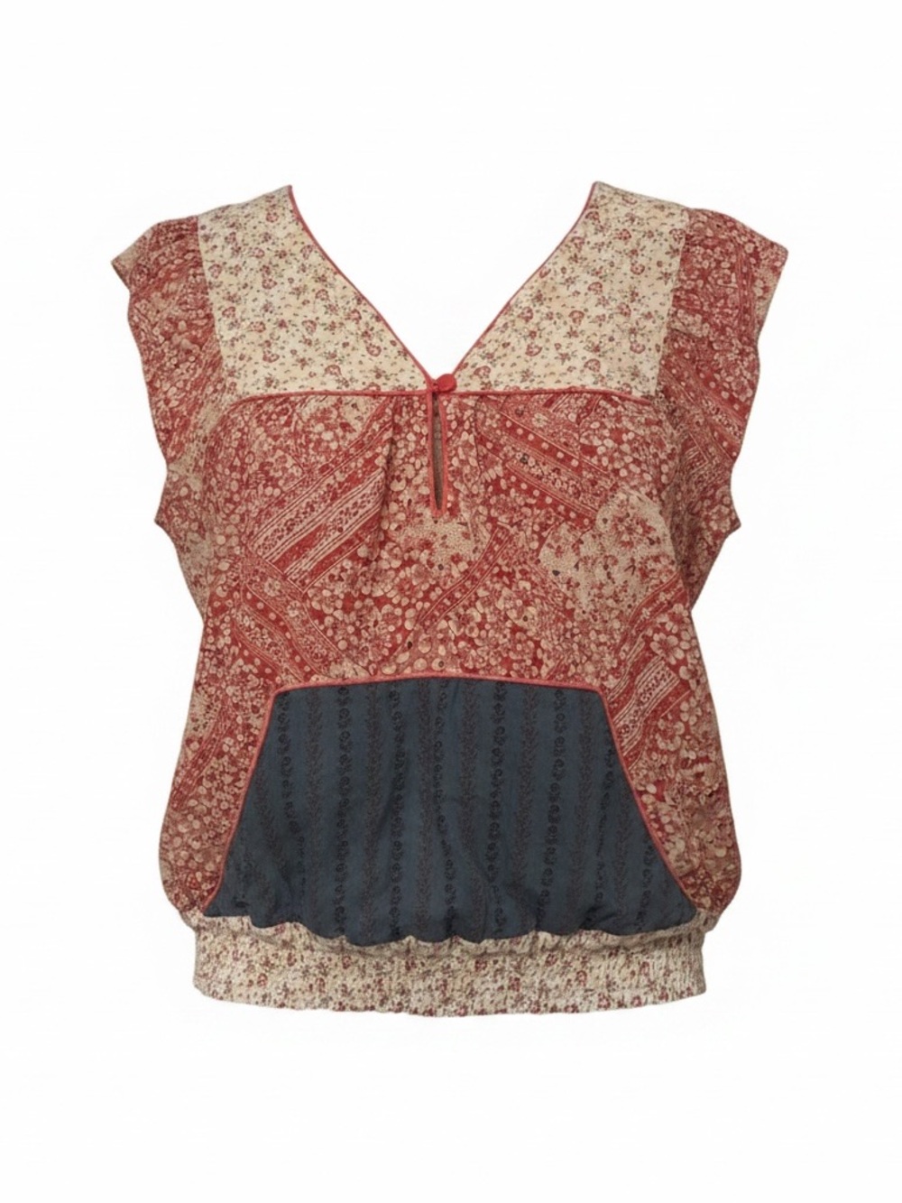 Kimchi Blue Red and Navy Floral Patchwork V-Neck Blouse BOHO
